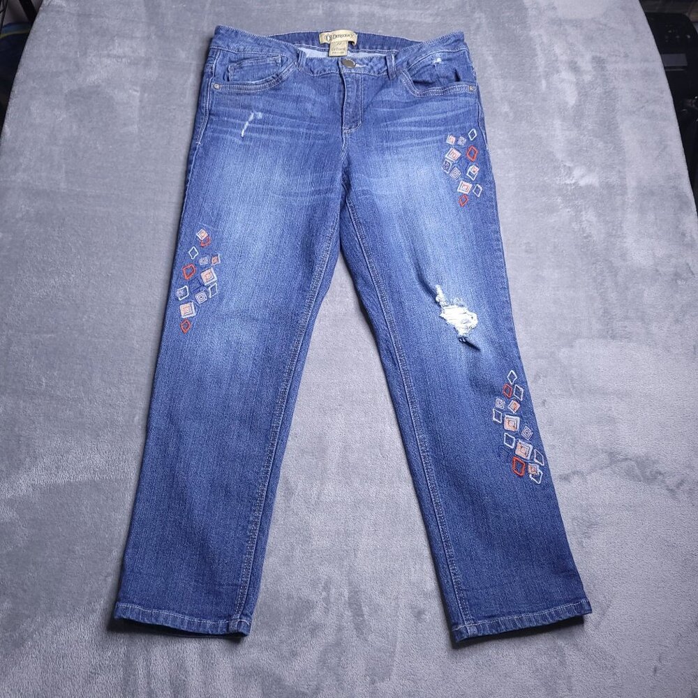 Democracy Girlfriend Fit  Jeans 12 Mid Rise Medium Wash Distressed Embroidered - Picture 5 of 8